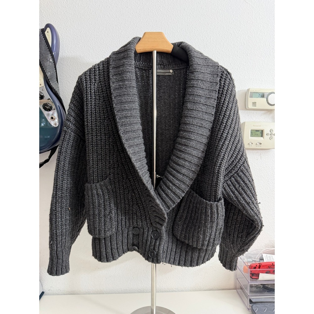 Anthropologie Charcoal Grey Wool Blend Chunky Knit Shawl Collar Cardigan Medium